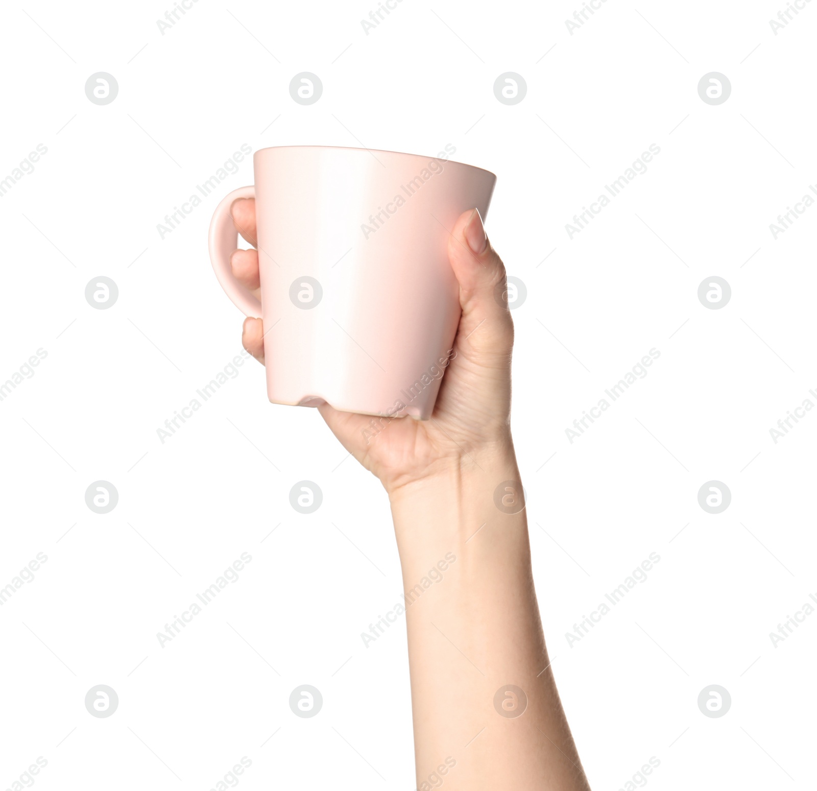 Photo of Woman holding pink cup on white background, closeup