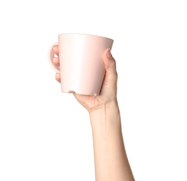 Photo of Woman holding pink cup on white background, closeup