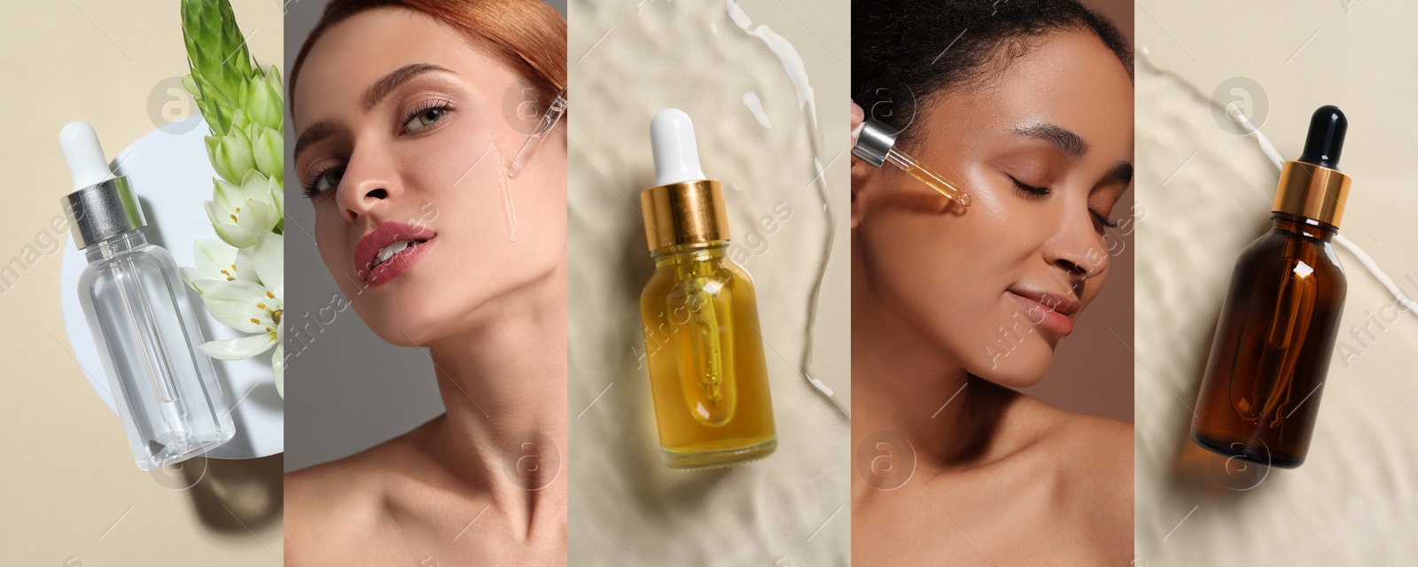 Image of Spa treatment, collage. Photos of beautiful women applying serum, different bottles of skin care product