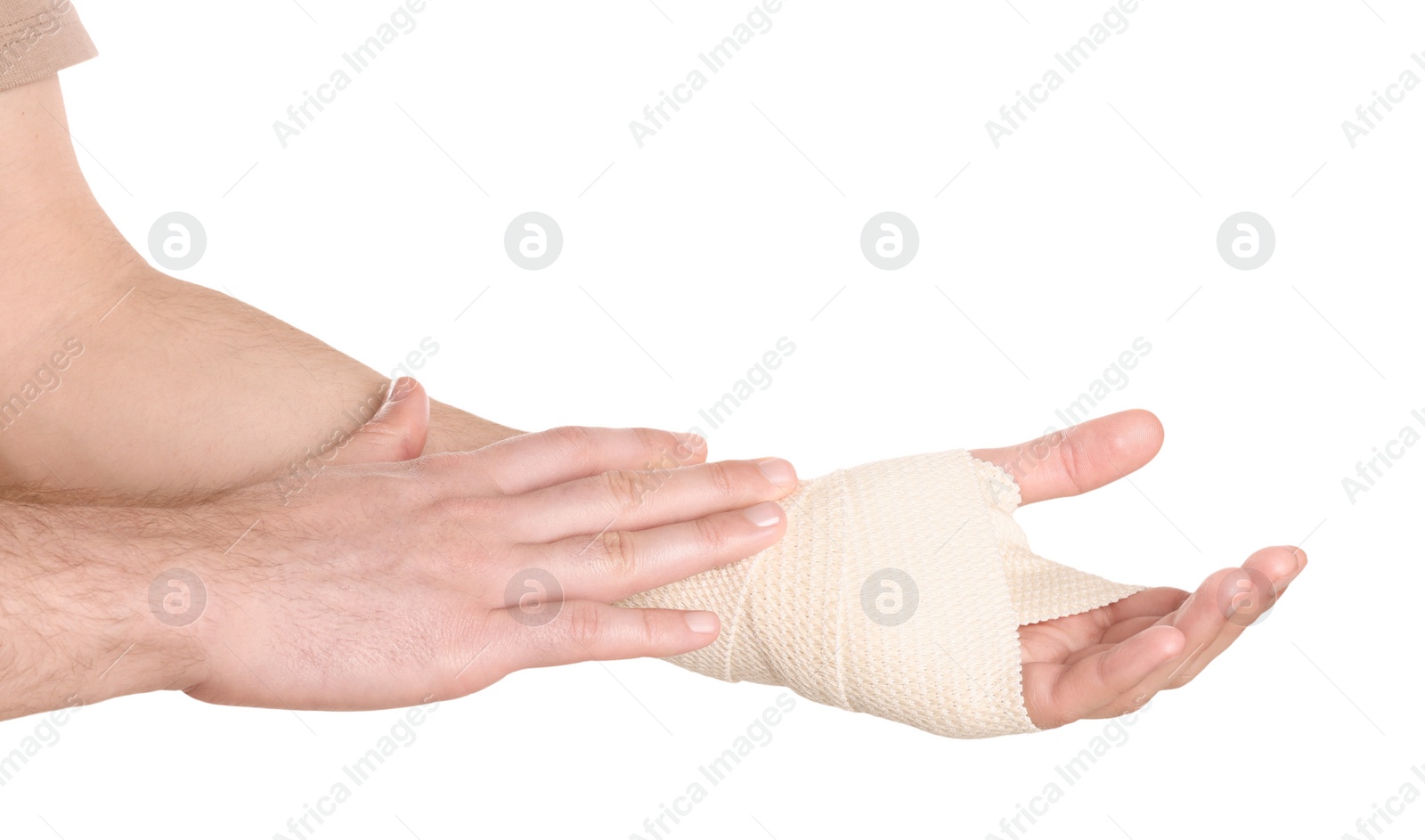 Photo of Man with hand wrapped in medical bandage on white background, closeup