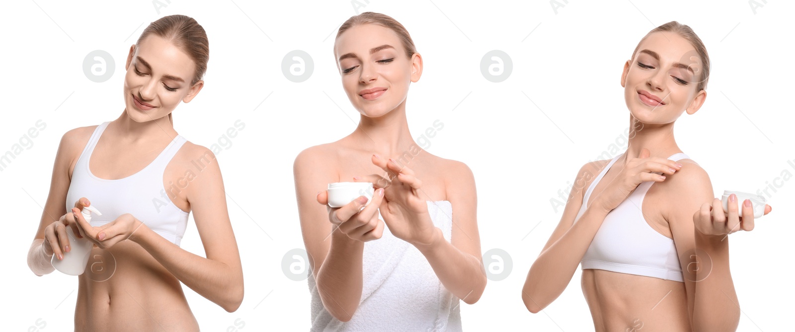 Image of Collage of photos with young woman applying body cream on white background. Banner design