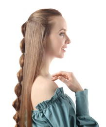 Woman with braided hair on white background