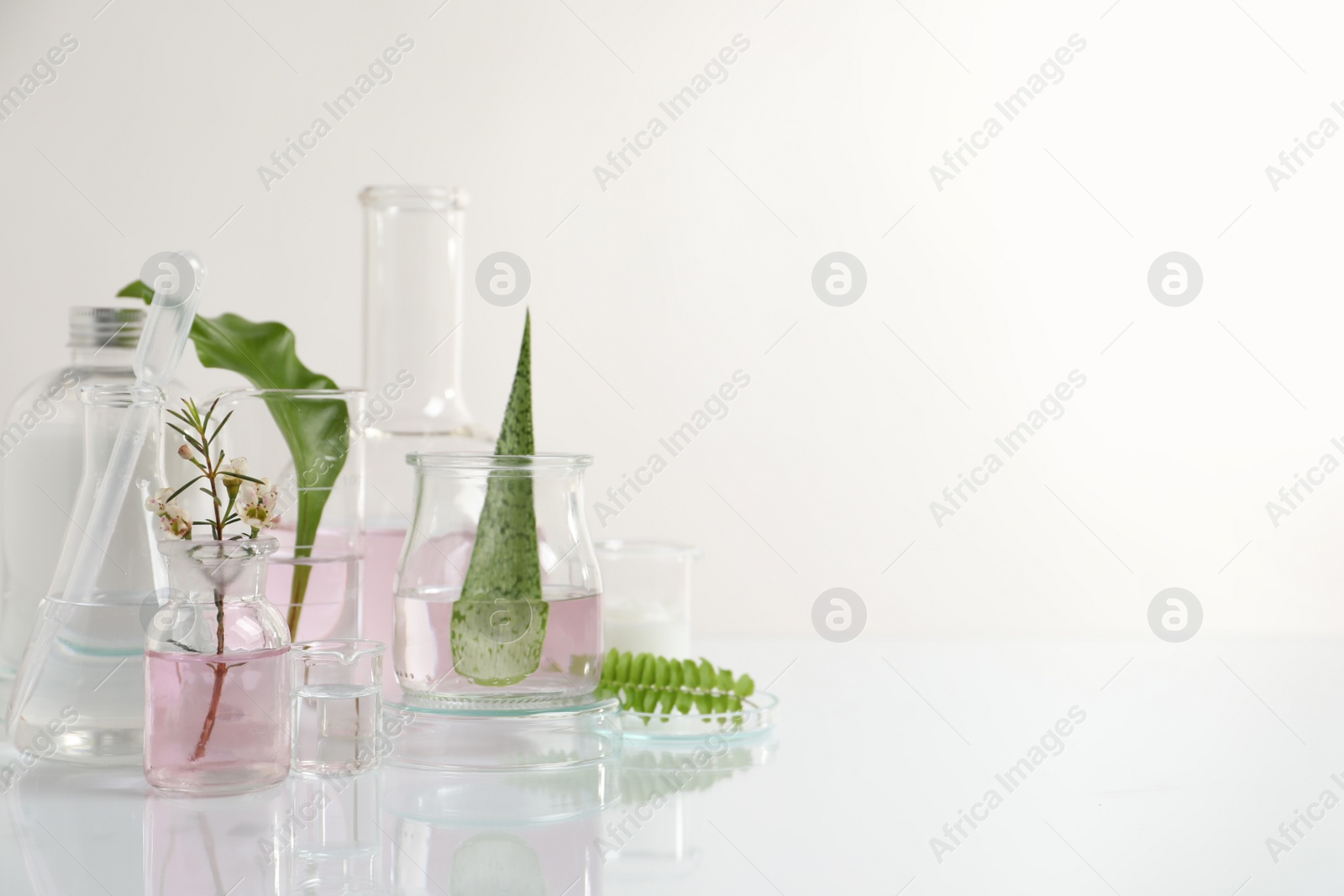 Photo of Organic cosmetic product, natural ingredients and laboratory glassware on white table, space for text