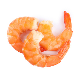 Photo of Delicious freshly cooked shrimps isolated on white, top view