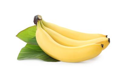 Cluster of delicious ripe bananas and green leaves isolated on white