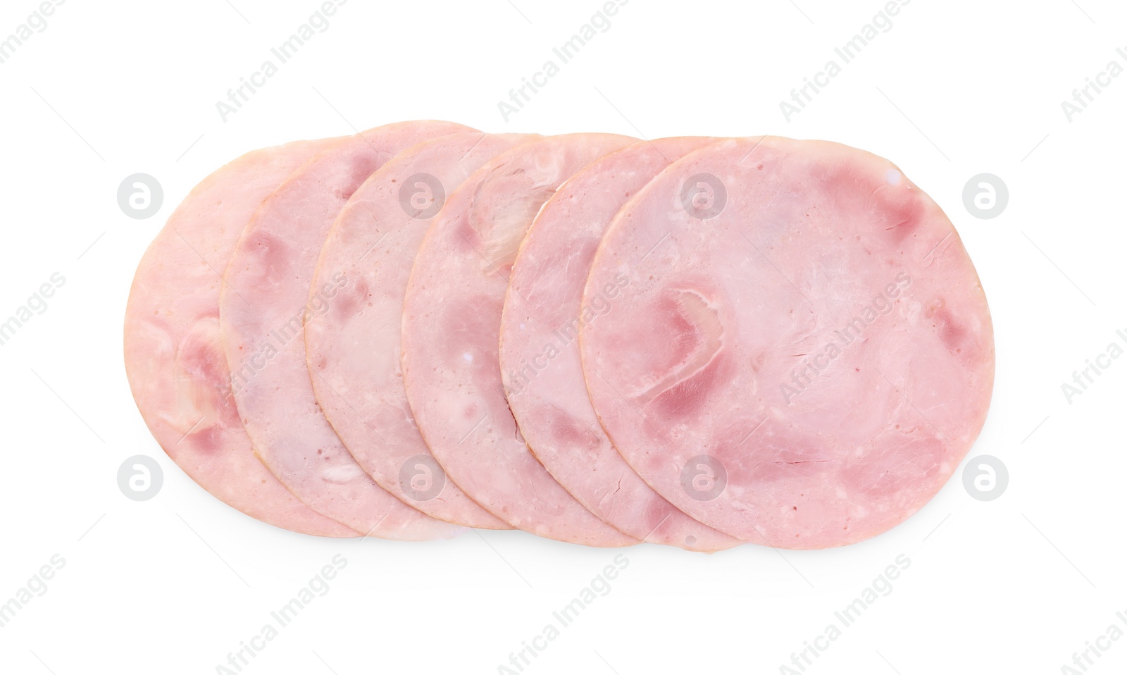 Photo of Slices of tasty ham isolated on white, top view