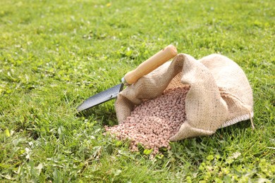 Photo of Granulated fertilizer in sack and shovel on green grass outdoors. Space for text