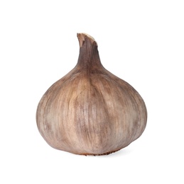 Unpeeled bulb of black garlic on white background