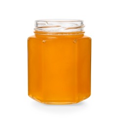 Photo of Tasty honey in glass jar isolated on white