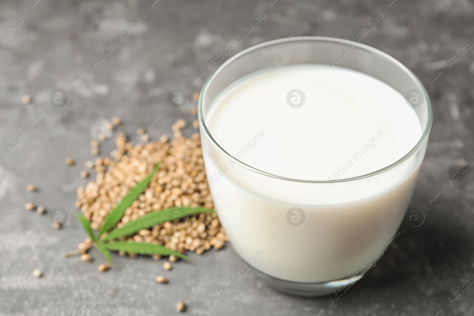 Photo of Composition with glass of hemp milk on grey table, closeup. Space for text