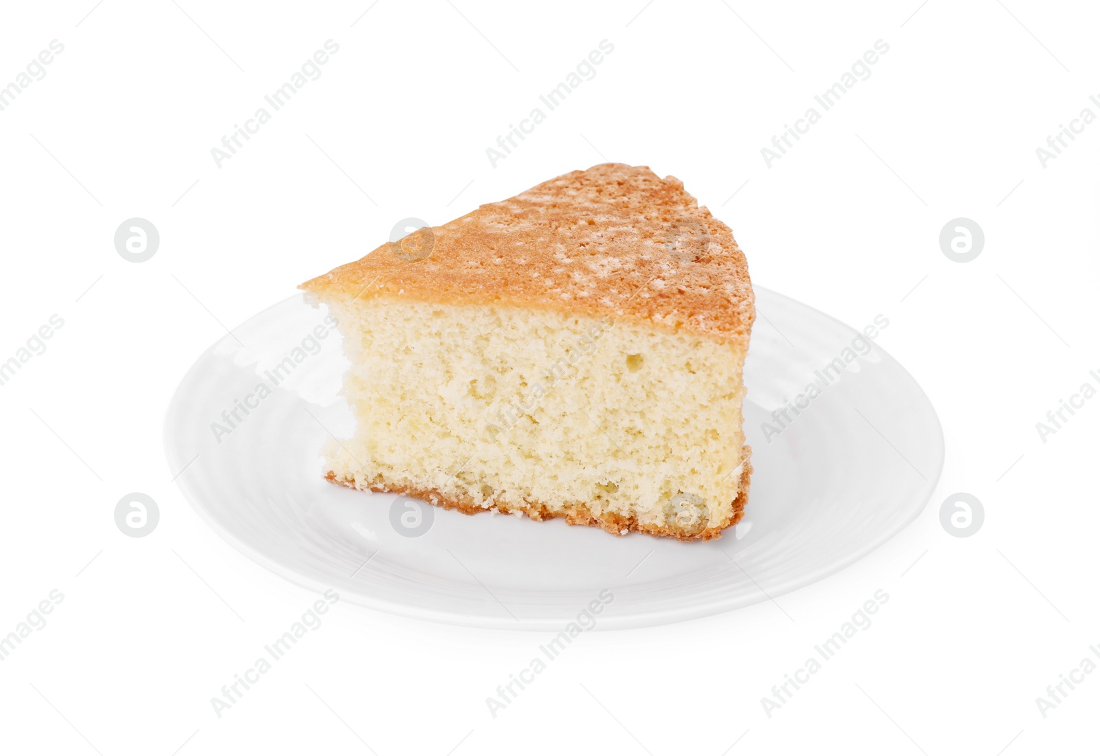 Photo of Plate with piece of tasty sponge cake isolated on white