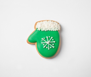 Photo of Tasty homemade Christmas cookie on white background, top view