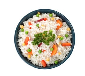 Photo of Bowl with tasty rice and vegetables on white background, top view