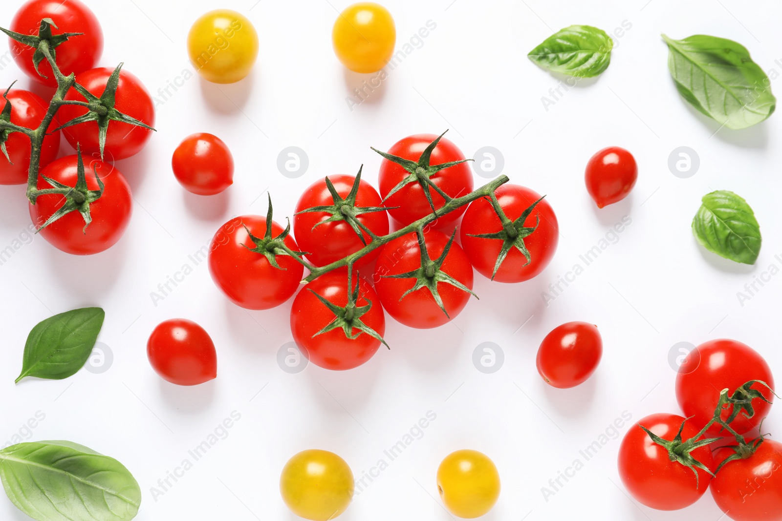 Photo of Composition with ripe cherry tomatoes and basil leaves on white background, top view