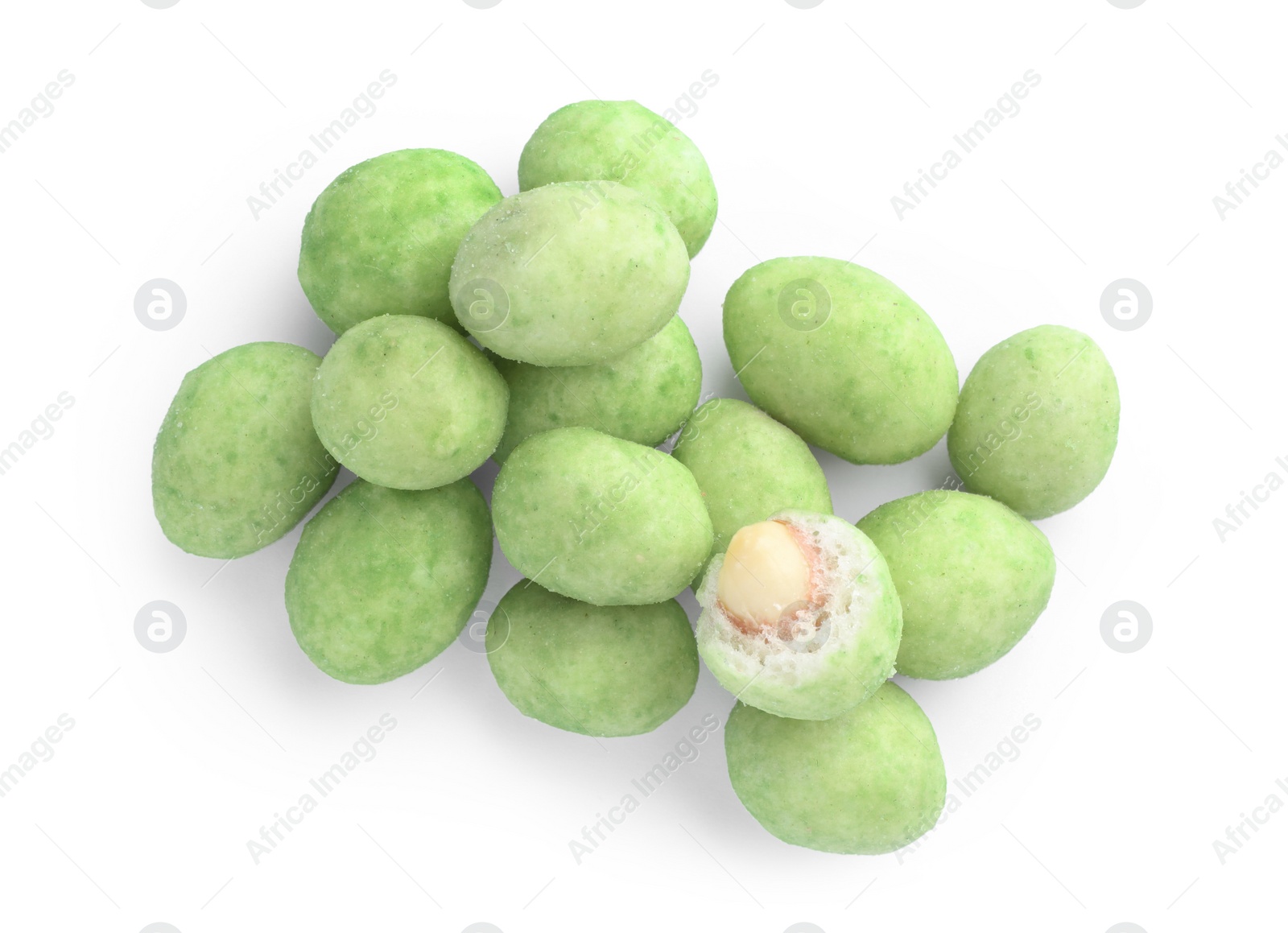 Photo of Pile of wasabi coated peanuts on white background, top view