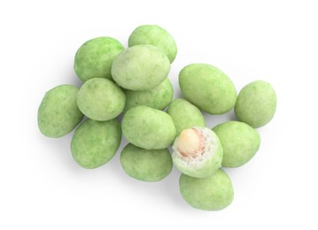 Pile of wasabi coated peanuts on white background, top view