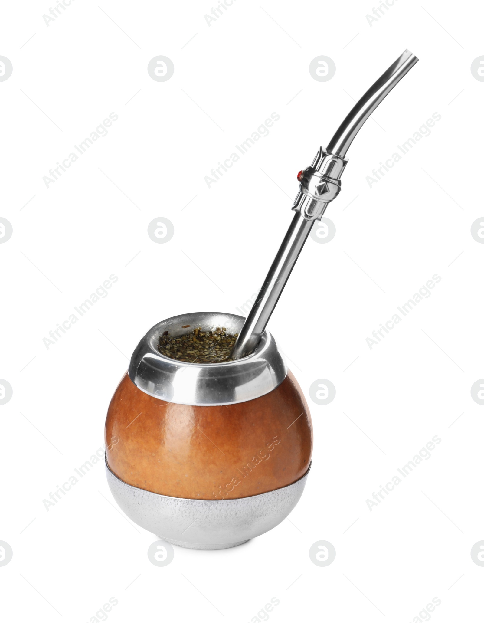 Photo of Calabash and bombilla with mate tea on white background