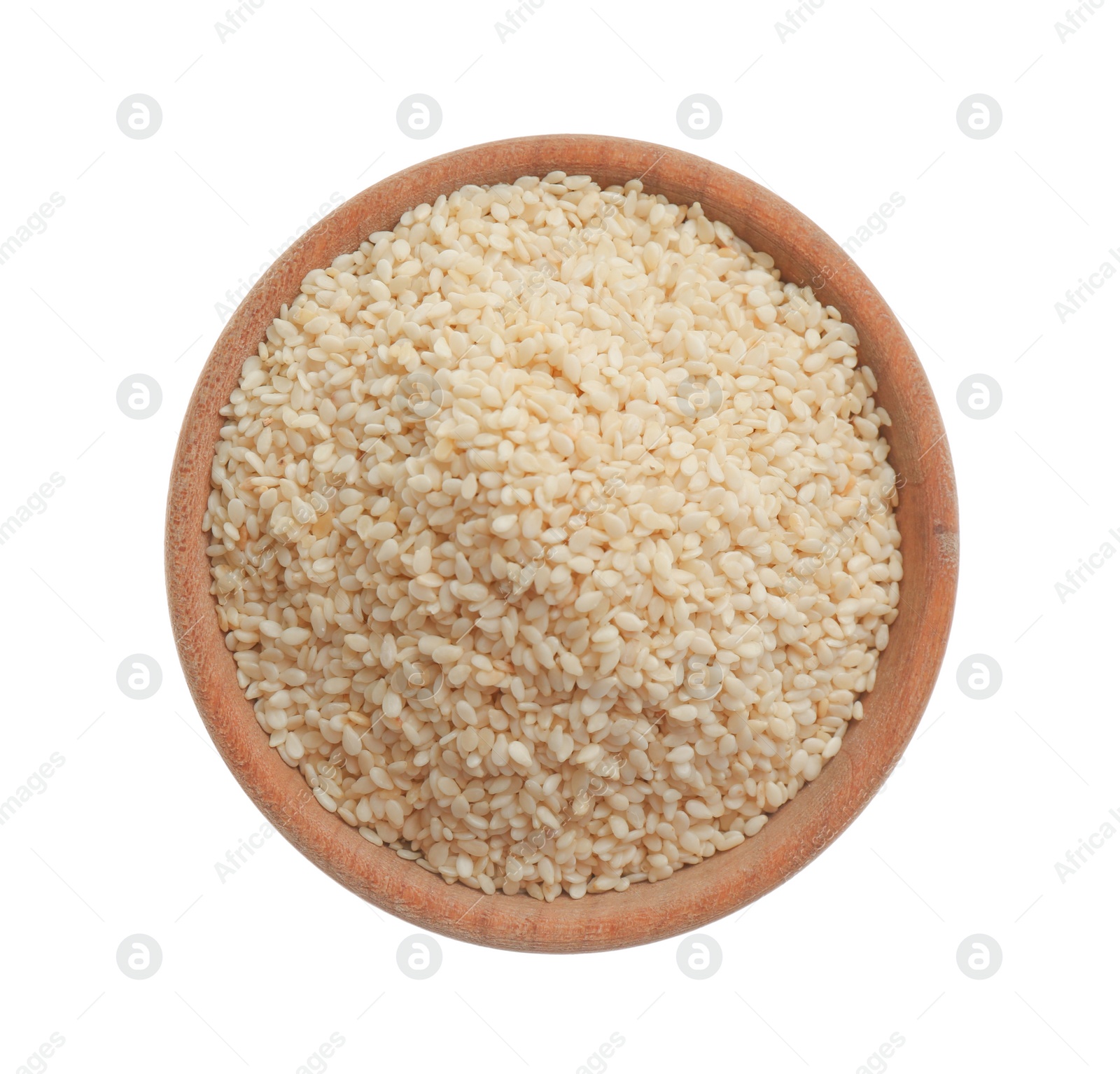 Photo of Sesame seeds in bowl on white background, top view