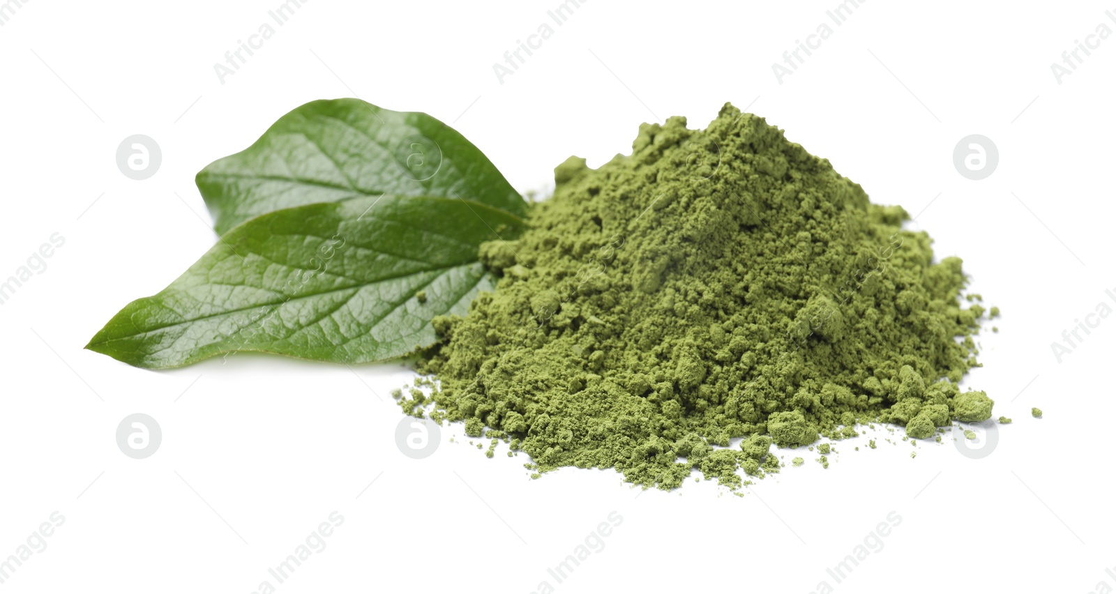 Photo of Pile of green matcha powder and leaves isolated on white