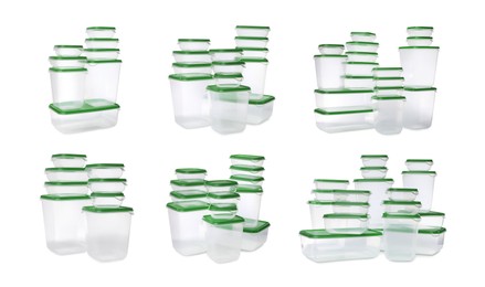 Image of Set with empty plastic containers of different sizes for food on white background