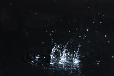 Photo of Rain drop falling down into puddle on dark background