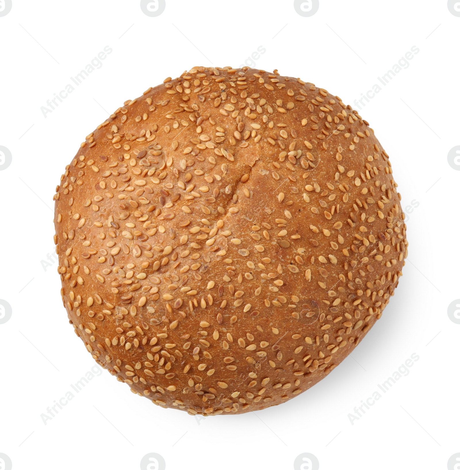 Photo of One fresh hamburger bun with sesame seeds isolated on white, top view