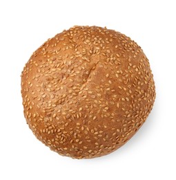 One fresh hamburger bun with sesame seeds isolated on white, top view