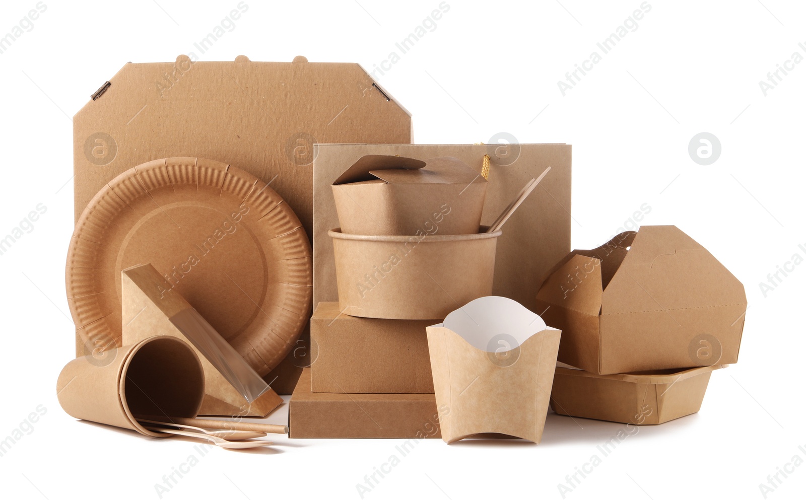 Photo of Eco friendly food packagings, tableware and paper bag isolated on white