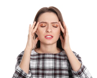 Photo of Woman suffering from headache on white background