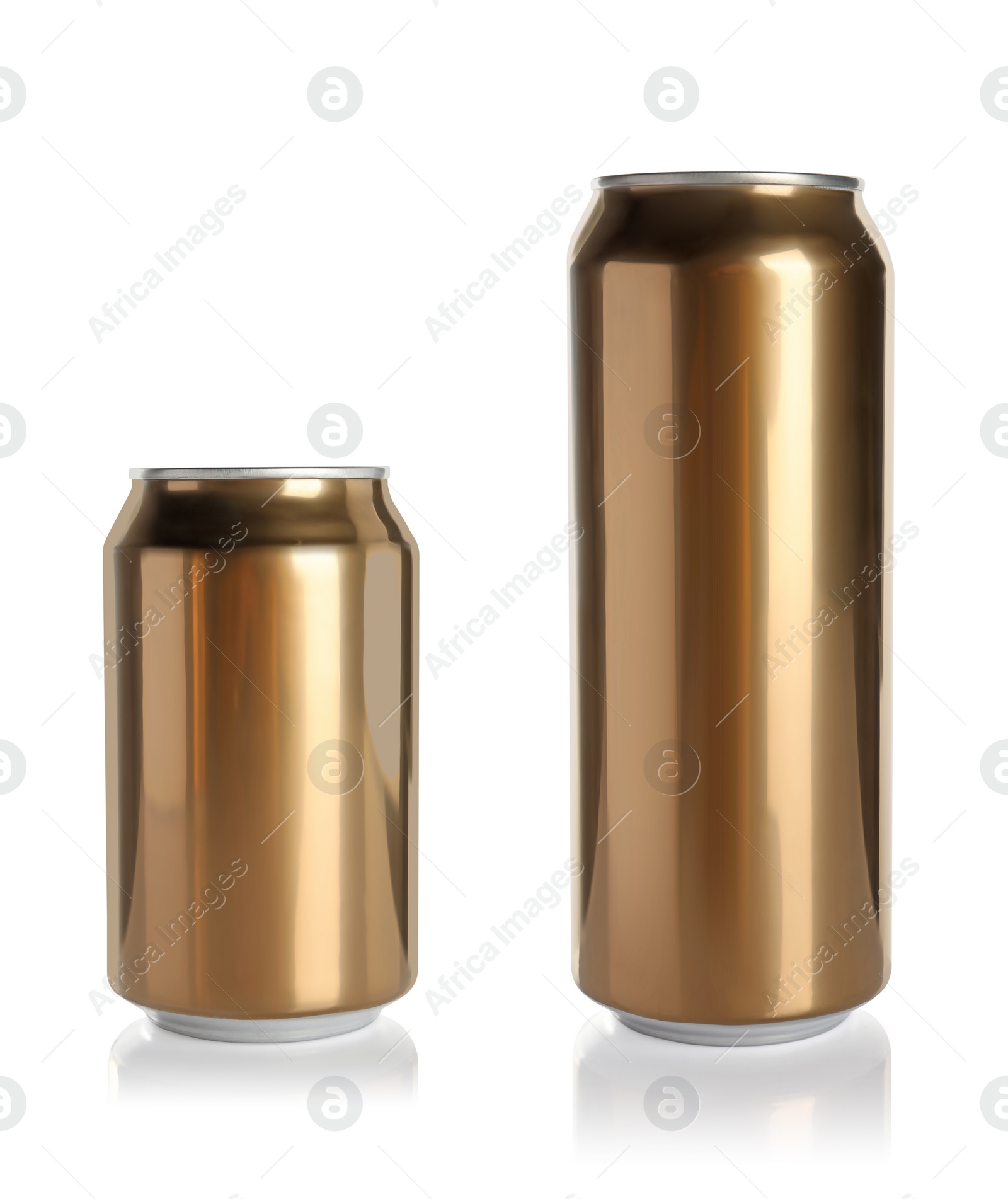 Image of Stylish golden aluminum beverage cans on white background