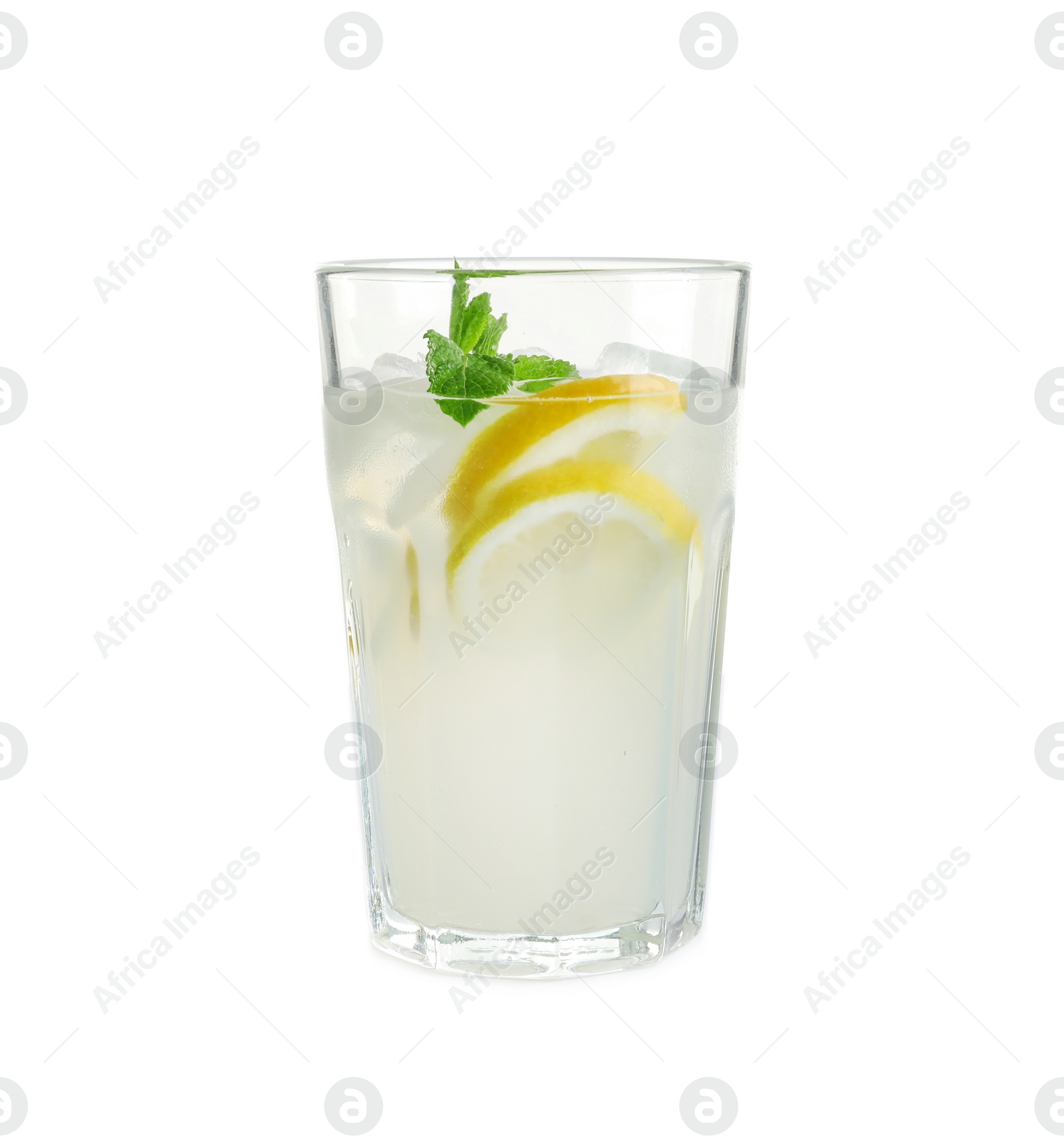 Photo of Glass with natural lemonade on white background