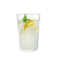 Glass with natural lemonade on white background