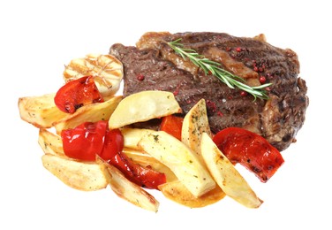 Photo of Delicious grilled beef steak and vegetables isolated on white