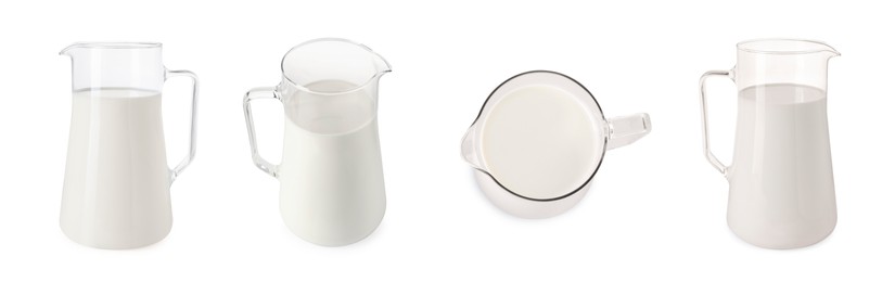 Image of Collage with glass pitcher of milk isolated on white, different angles