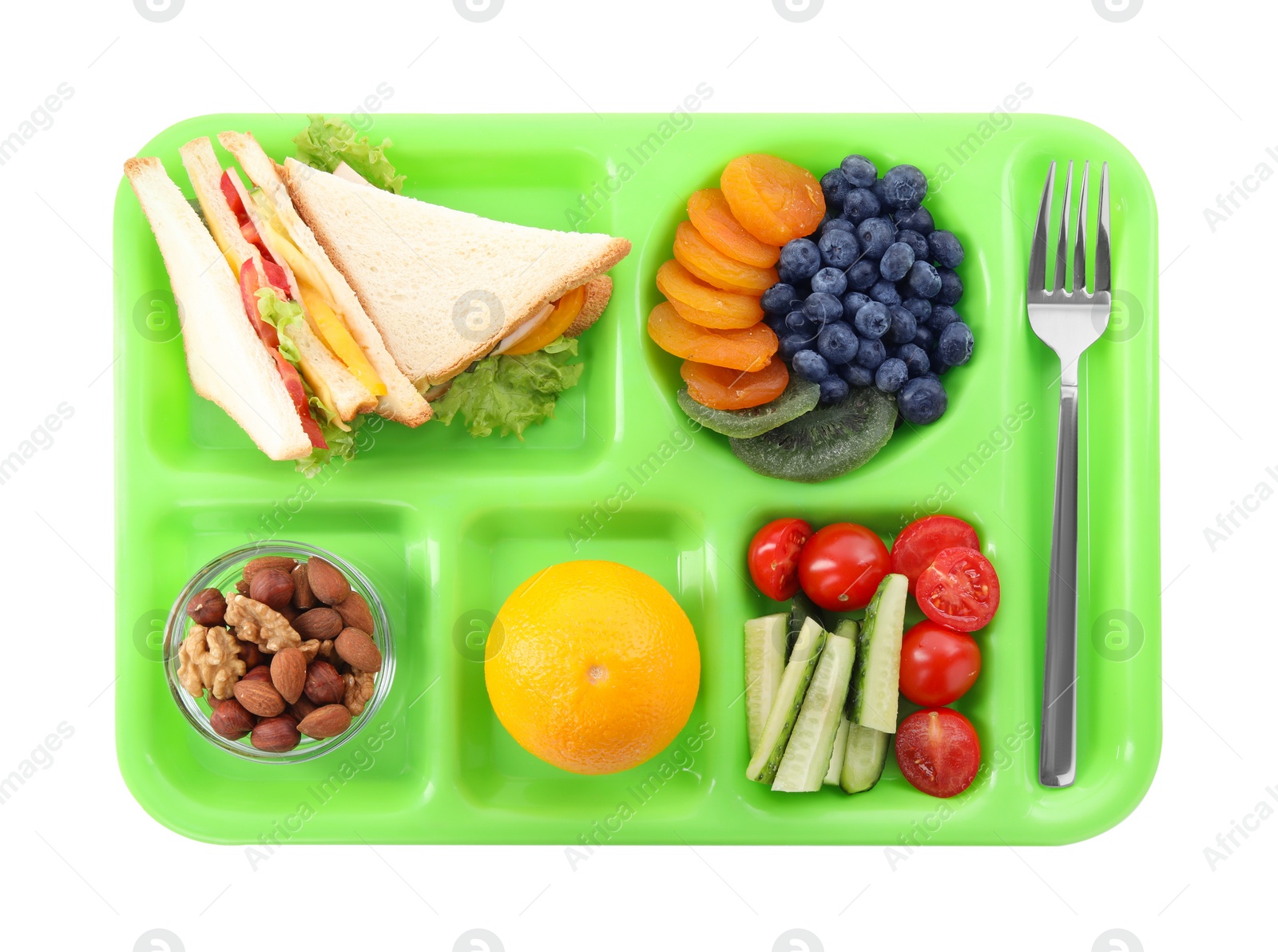 Photo of Serving tray with tasty healthy food isolated on white, top view. School dinner