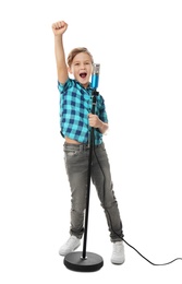 Cute boy singing in microphone on white background