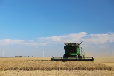 Modern combine harvester working in agricultural field