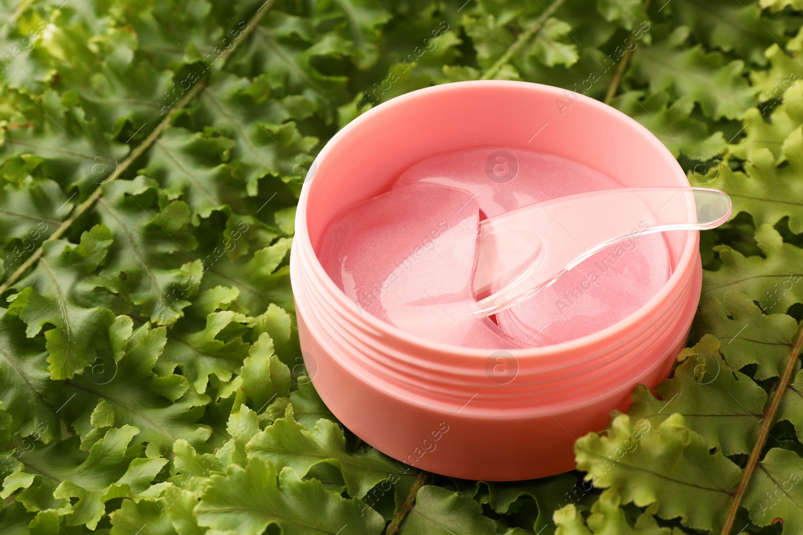 Photo of Jar of under eye patches with spoon on green fern leaves, closeup. Cosmetic product