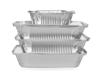 Set of foil containers for food on white background