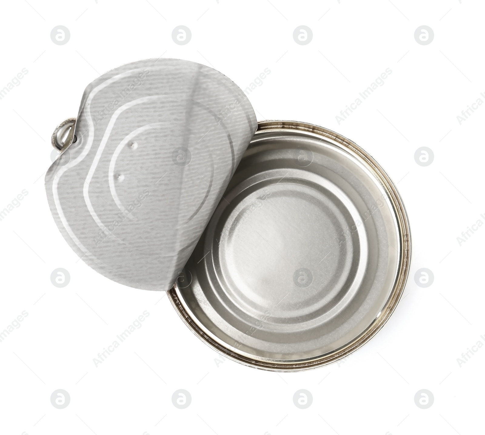 Photo of Empty aluminum can on white background, top view. Metal waste recycling