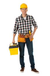 Photo of Handsome carpenter with tool box isolated on white
