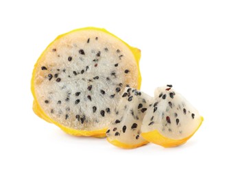 Photo of Delicious cut yellow pitahaya fruit on white background