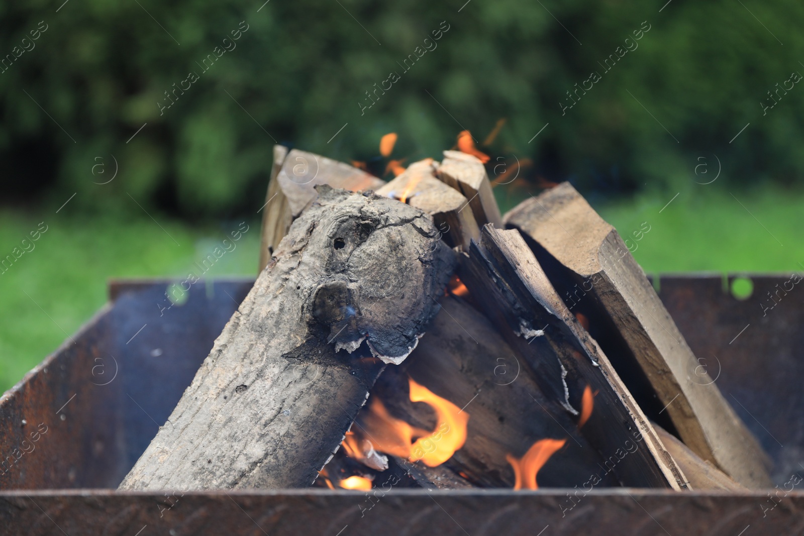 Photo of Metal brazier with burning firewood outdoors, closeup