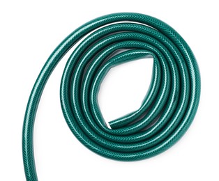 Photo of Green rubber watering hose isolated on white, top view