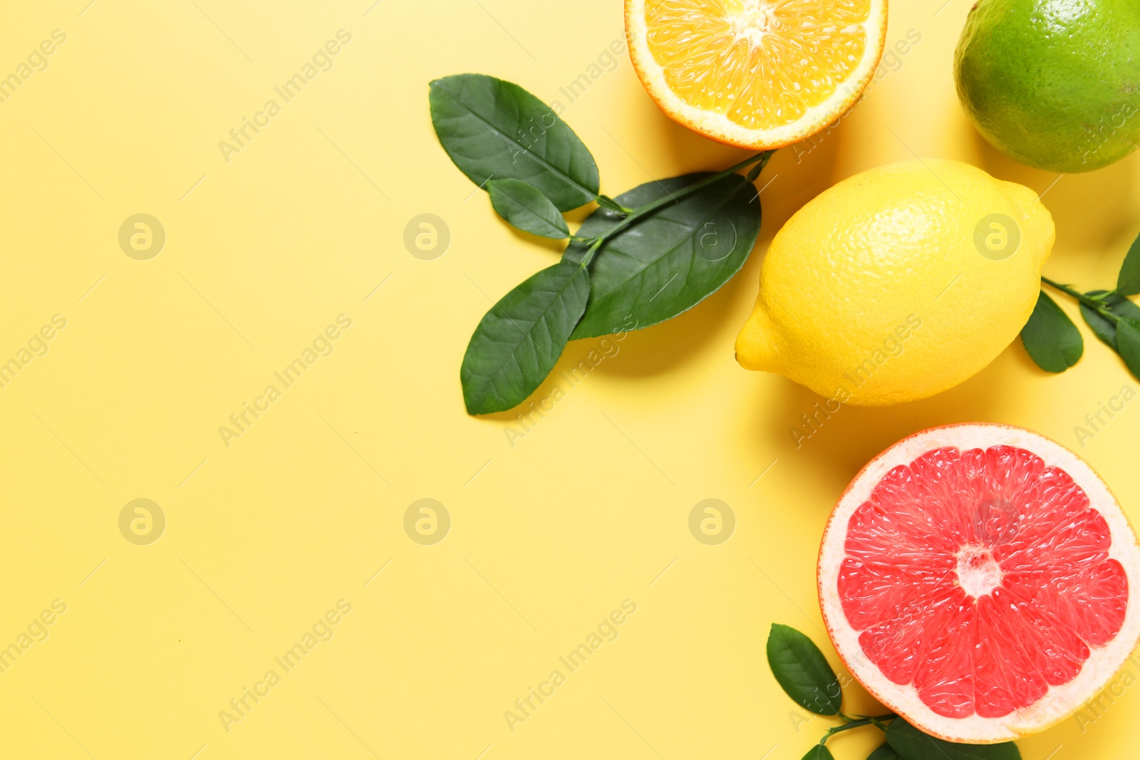 Photo of Different cut and whole citrus fruits on yellow table, flat lay. Space for text