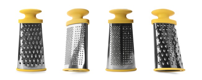 Image of Stainless steel graters on white background, collage. Banner design 