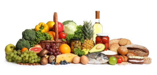 Different food products on white background. Balanced diet