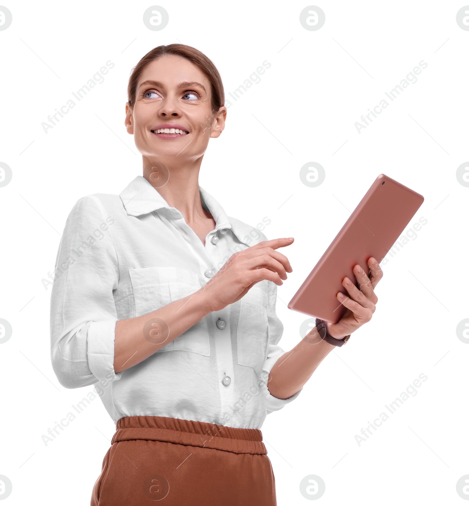 Photo of Beautiful happy businesswoman with tablet on white background