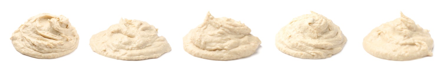 Image of Set with tasty hummus on white background. Banner design