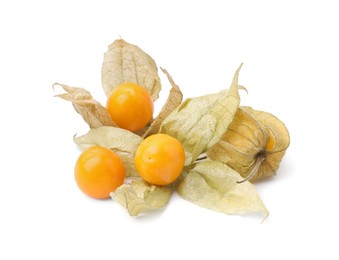 Many ripe physalis fruits with calyxes isolated on white